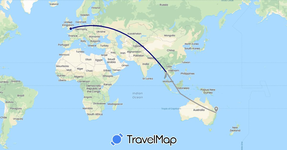 TravelMap itinerary: driving, plane, boat in Australia, United Kingdom, Indonesia, Thailand (Asia, Europe, Oceania)